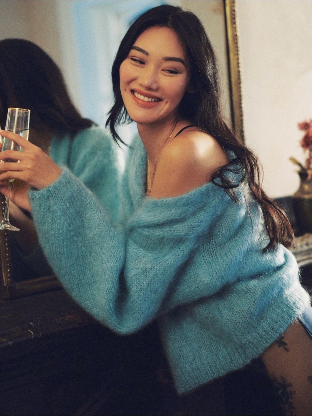 Cozy Off-Shoulder Blue Wool/Nylon Blend Sweater